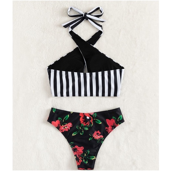 Boho Floral Stripes Halter Bikini Beach Set - Picture 3 of 4